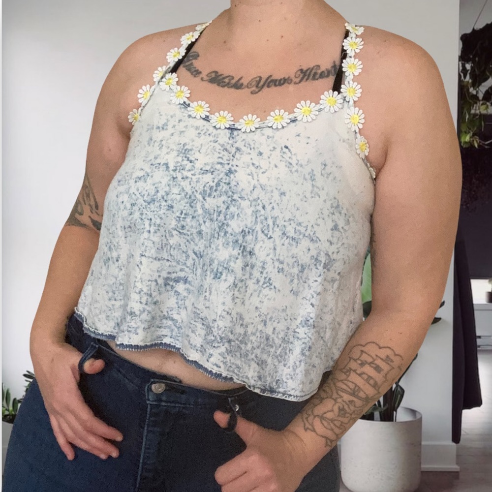 Dejavu Retro Daisy Light Acid Wash Crop Lightweight Festival Tank Size M Blue